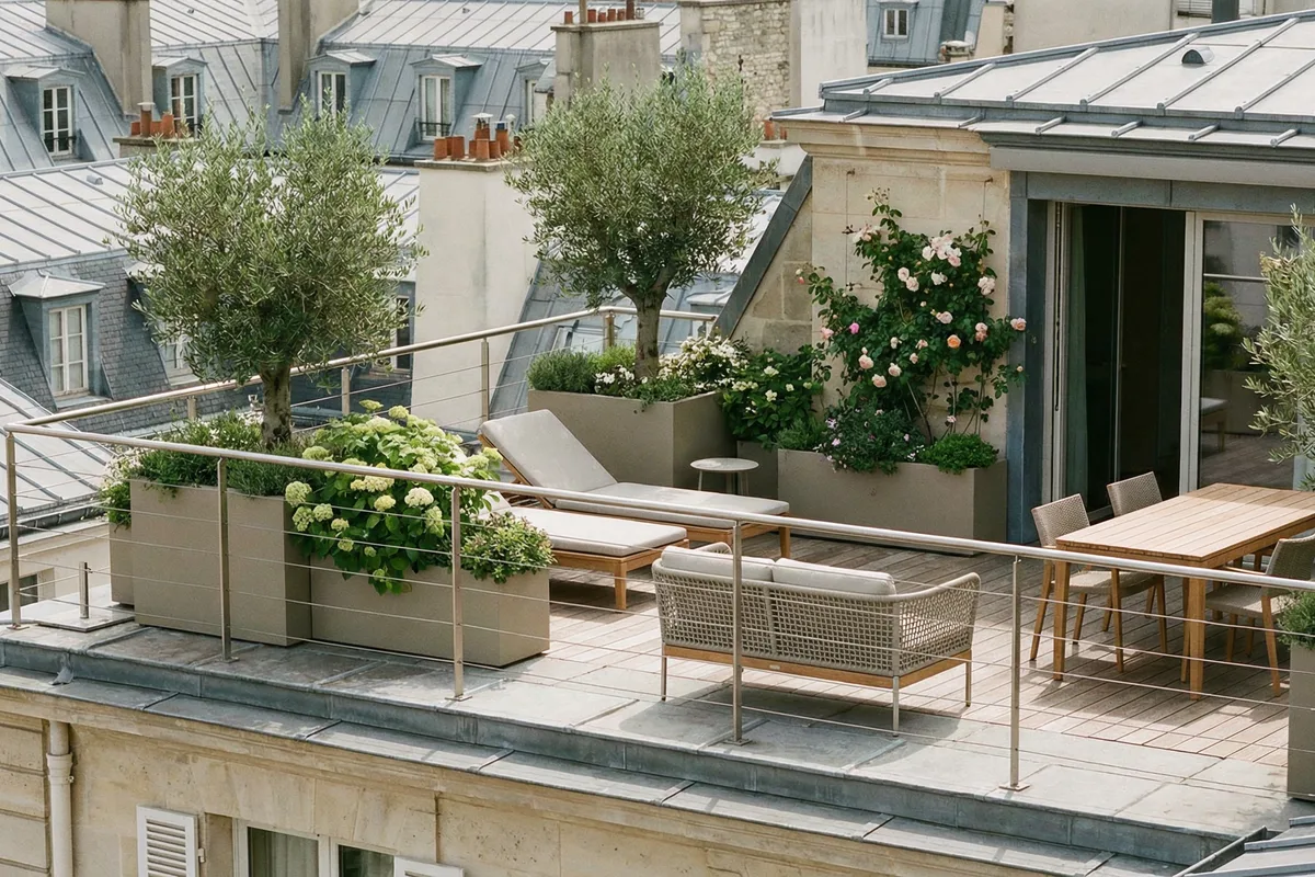 Toit-terrasse parisien avec garde-corps câbles inox · réalisation Erminox